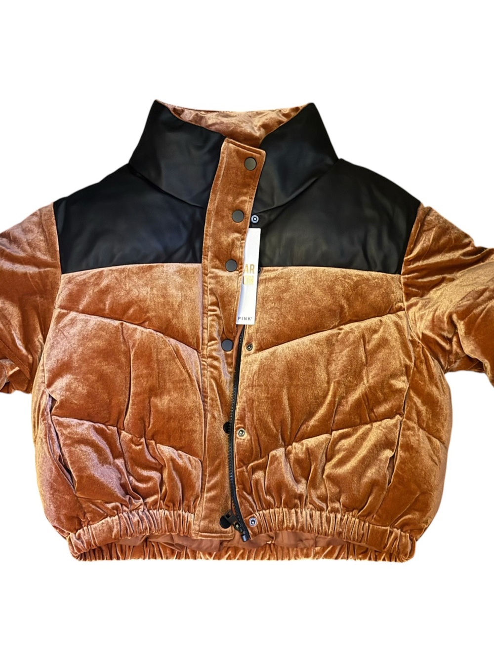 Celebrity Pink Bronze Velvet Puffer Jacket with Black Yoke